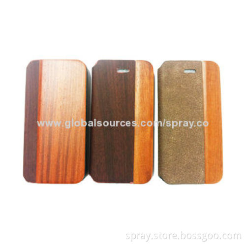 Handmade Natural Hard Wood & Luxury PU Leather Flip Cover Folio Case for Iphone5 5S